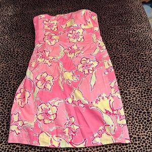 LOVELY LILLY PULITZER STRAPLESS DRESS WITH TIE BACK SZ 0 PINK AND YELLOW